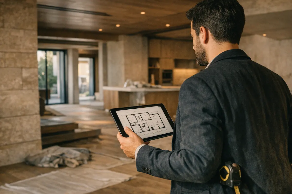 Tablette kat planıyla tamamlanmamış bir villayı gezen akıllı ev danışmanı