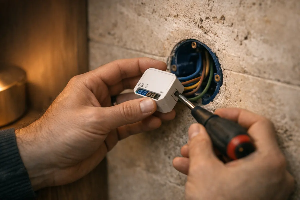 Açık bir anahtar kasasına akıllı röle modülü takan elektrikçinin elleri