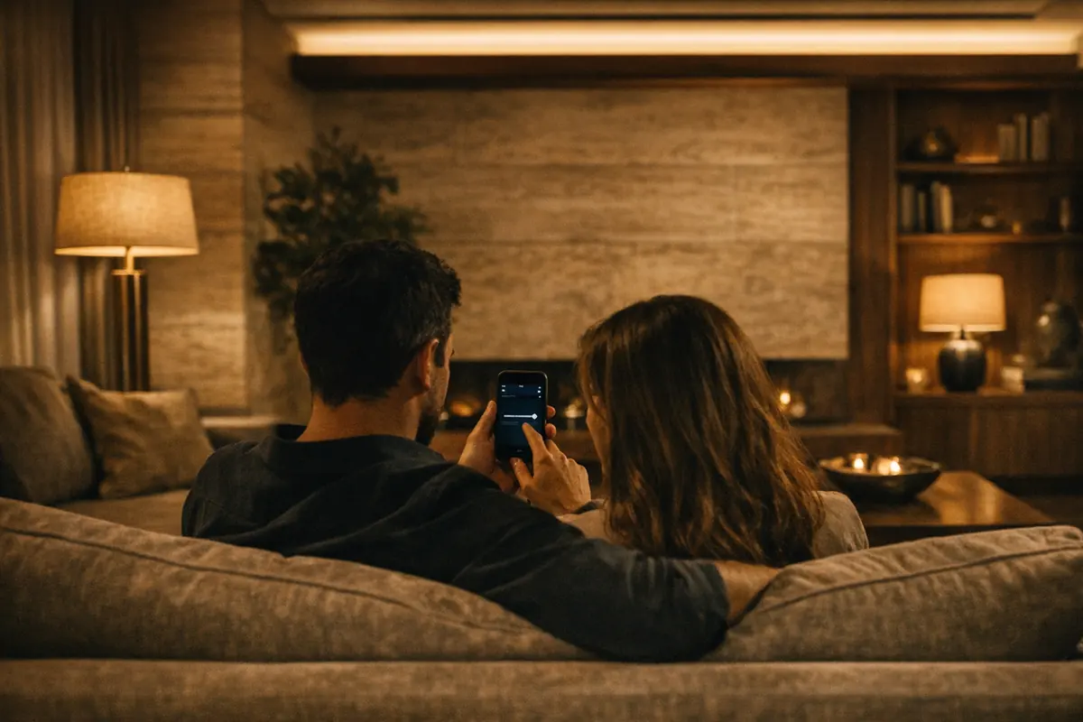 Akşam salonda telefondan ışıkları kısan ev sahipleri